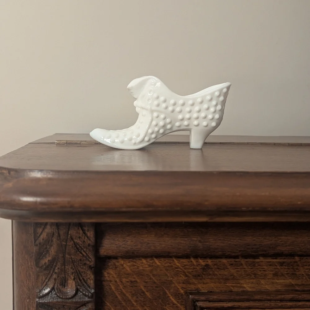 Fenton Milk Glass Hobnail Cat Head Slipper - White Glass Shoe Figurine Prosperit